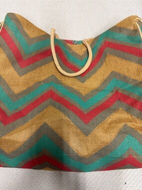 HUGE Woven Chevron Tote Bag in Mustard with Teal & Red Accent( AS IS)